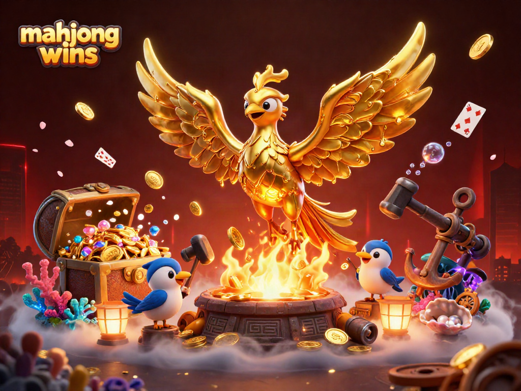 Experience mahjong wins excitement with a stunning 3D illustration of a molten metal phoenix and gold treasures.