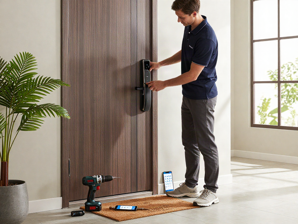Technician installing a قفل هوشمند in a modern entryway for enhanced security.