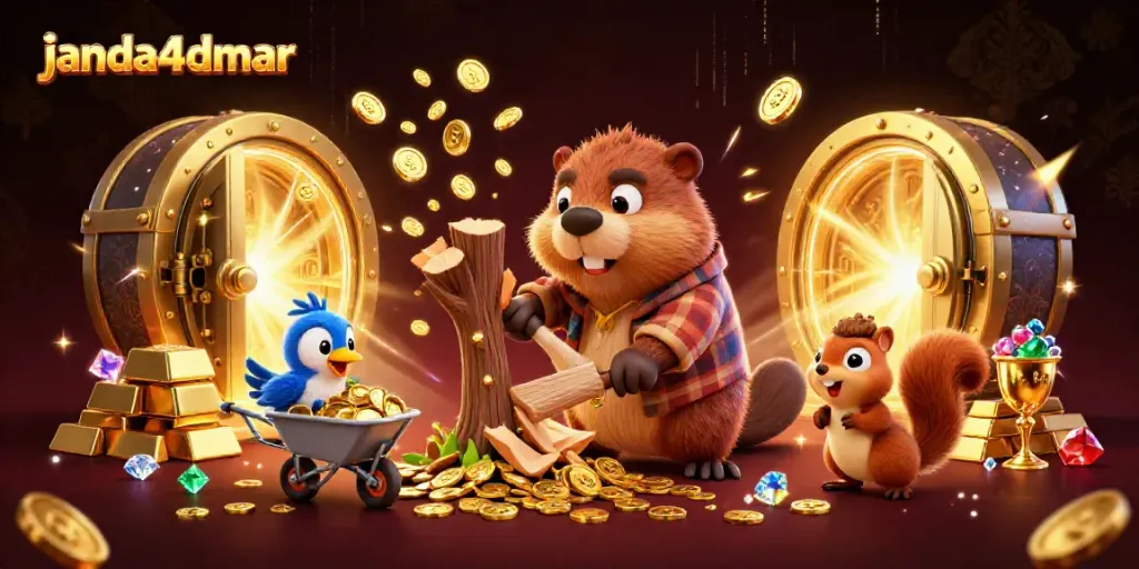 Permainan janda4dmar dengan beaver pemotong pohon yang menurunkan koin emas dan karakter kartun ceria lainnya.