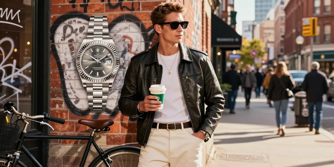 Stylish individual wearing a Rolex super clone watch in an urban setting, showcasing trendy fashion and lifestyle.