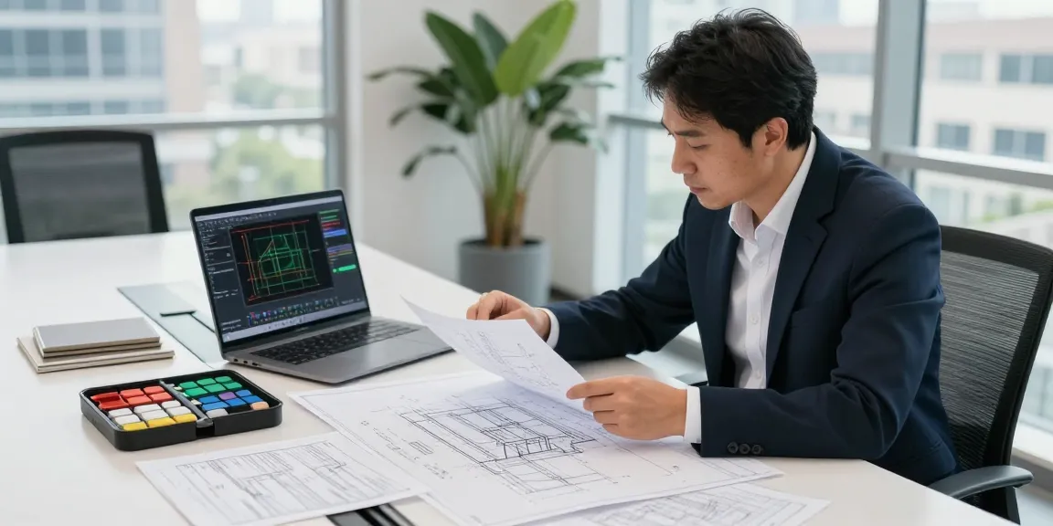 Engineer performing a structural integrity assessment in Missouri, analyzing blueprints and CAD software in a modern office.