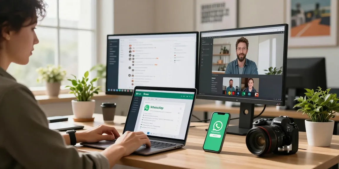Professional using WhatsApp網頁版 on laptop in a modern workspace with dual monitors and natural light.