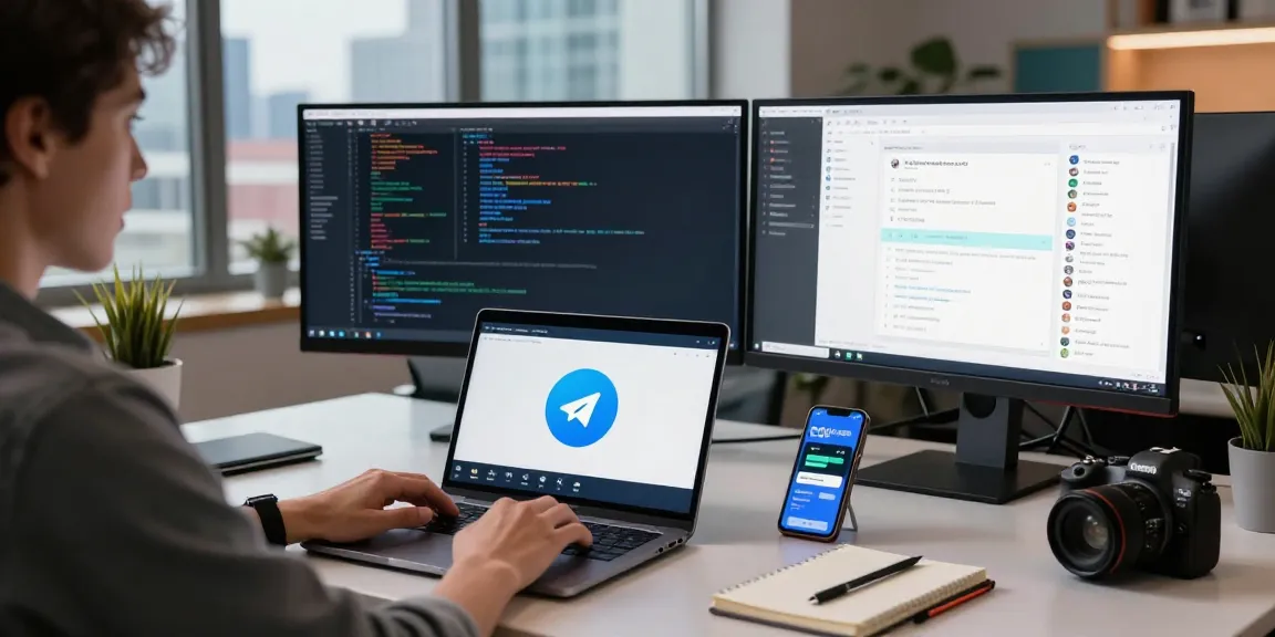 Person using the telegram china messaging app on a laptop in a modern workspace.