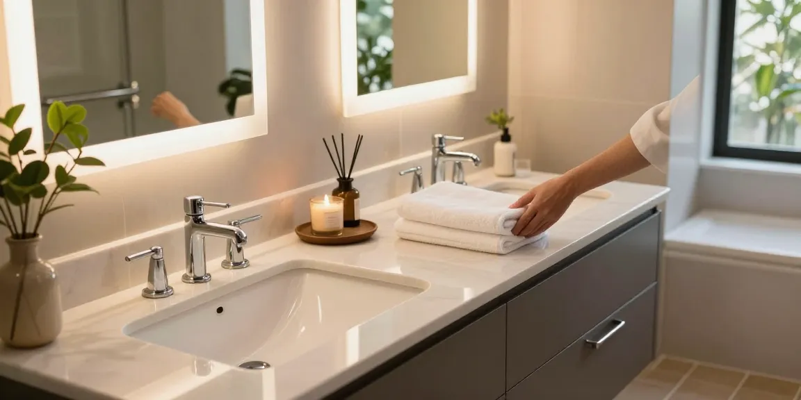 Modern bathroom vanity with double sinks, stylish accessories, and natural light enhancing the inviting atmosphere.
