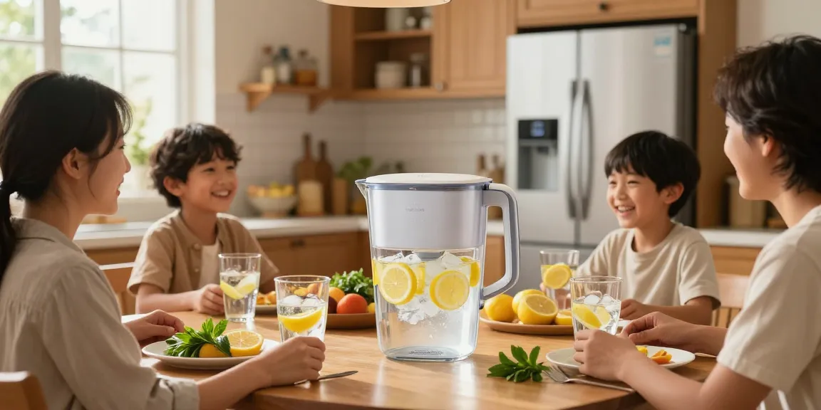 Family enjoying drinks made with Waterdrop dw2042fr-09 water filter in a modern kitchen