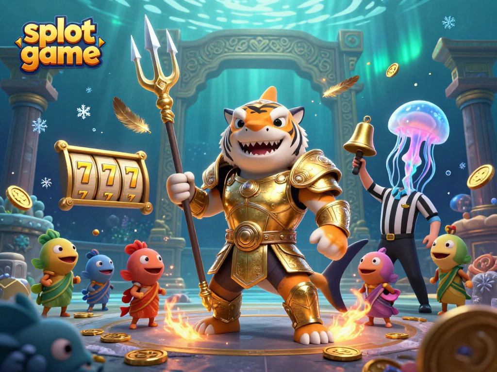 Experience thrilling slot game action with a fierce tiger shark warrior in an underwater arena.