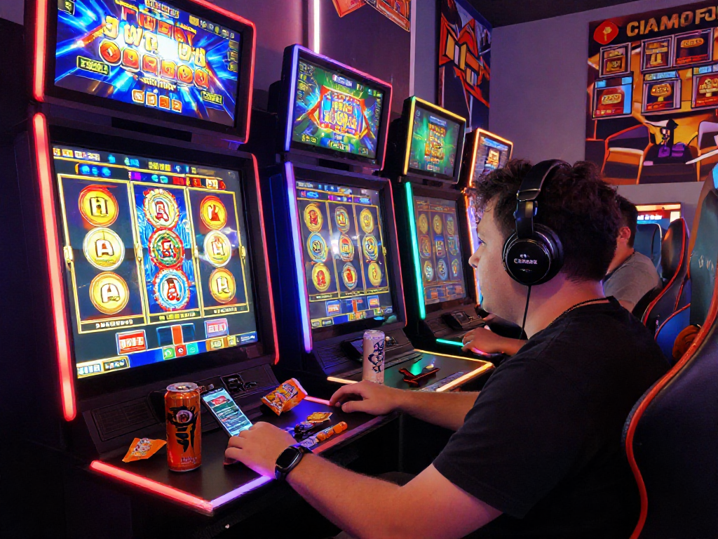Player enjoying togel 4d online slot game in vibrant casino setup, showcasing excitement and engagement.