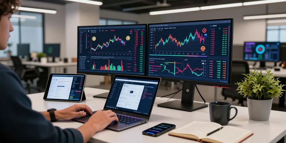 Cricbet99 cryptocurrency trading scene in a modern co-working space showcasing live Bitcoin charts and DeFi analytics.