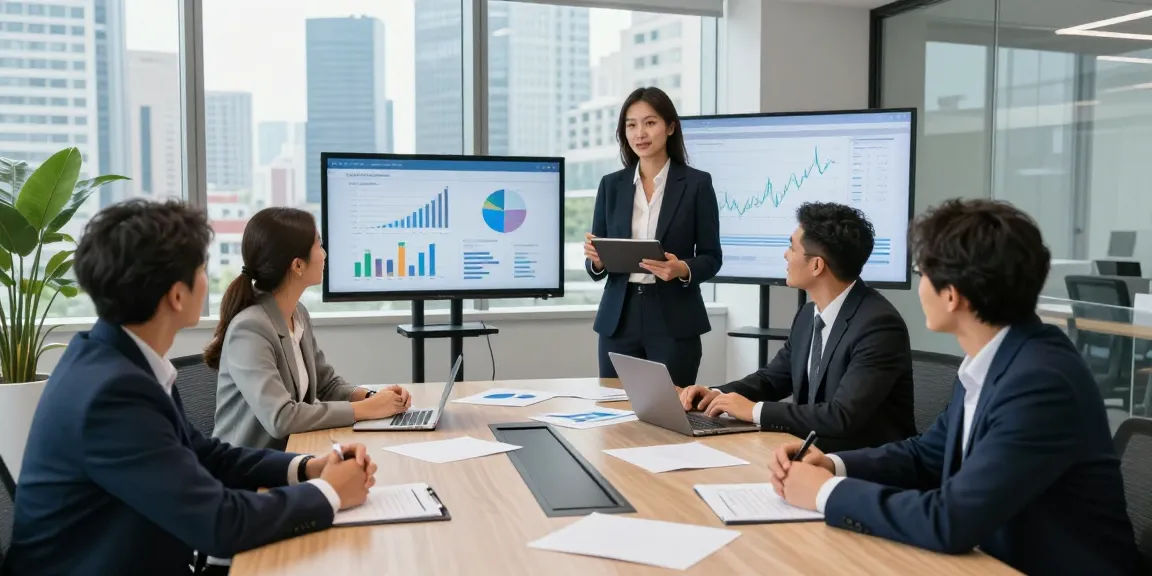 Business financial consulting team collaborating in a modern conference room.