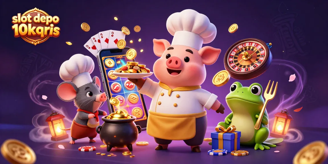 Engage with slot depo 10k qris and witness a vibrant 3D illustration featuring playful characters and dynamic casino elements.