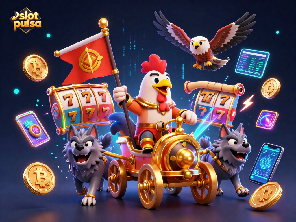 Experience the excitement of slot pulsa with a vibrant scene of cartoon characters and gambling elements.