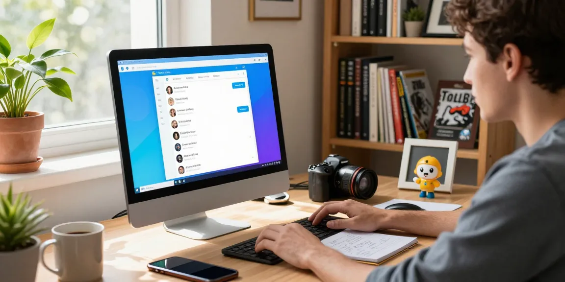Working on the telegram china desktop app in a modern home office setup with vibrant chat interface.