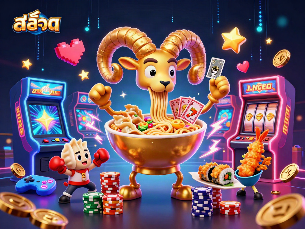 Play exciting สล็อต games with a giant ramen bowl character, neon arcade elements, and dynamic casino atmosphere.