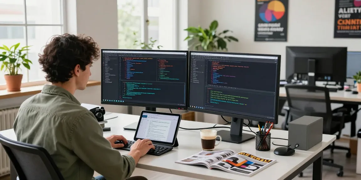 Dynamic workspace with software developer engaged in coding for raja328 alternatif, surrounded by monitors and tech essentials.