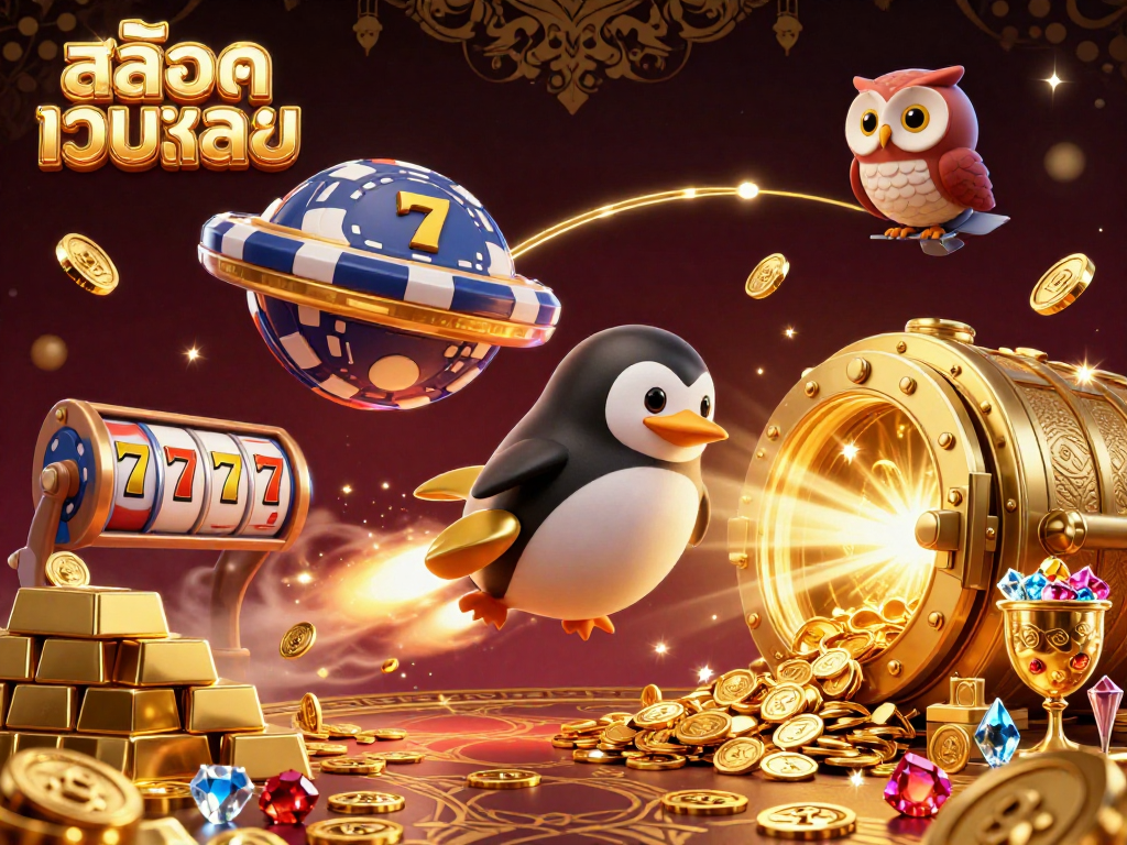Experience สล็อตเว็บตรง gaming excitement with a golden penguin blasting to victory in a thrilling cosmic casino.