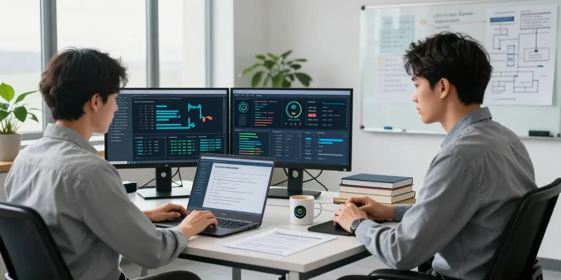 Cyber essentials questionnaire being analyzed in a modern cybersecurity office with multiple screens and tools.