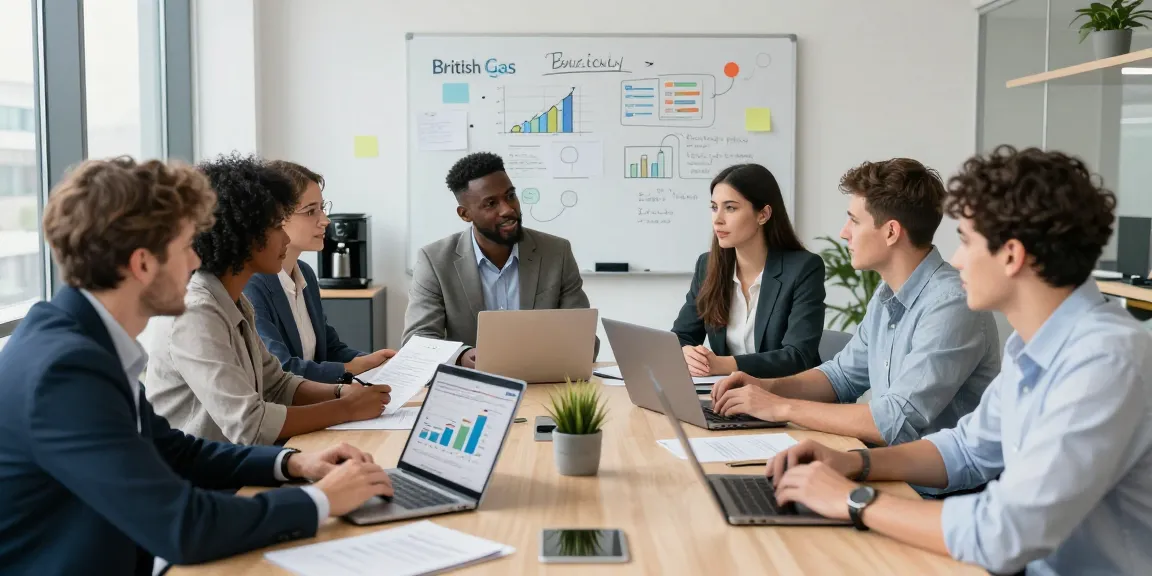 Team discussing british gas business electricity options in a corporate meeting room with visual data and collaborative energy solutions.
