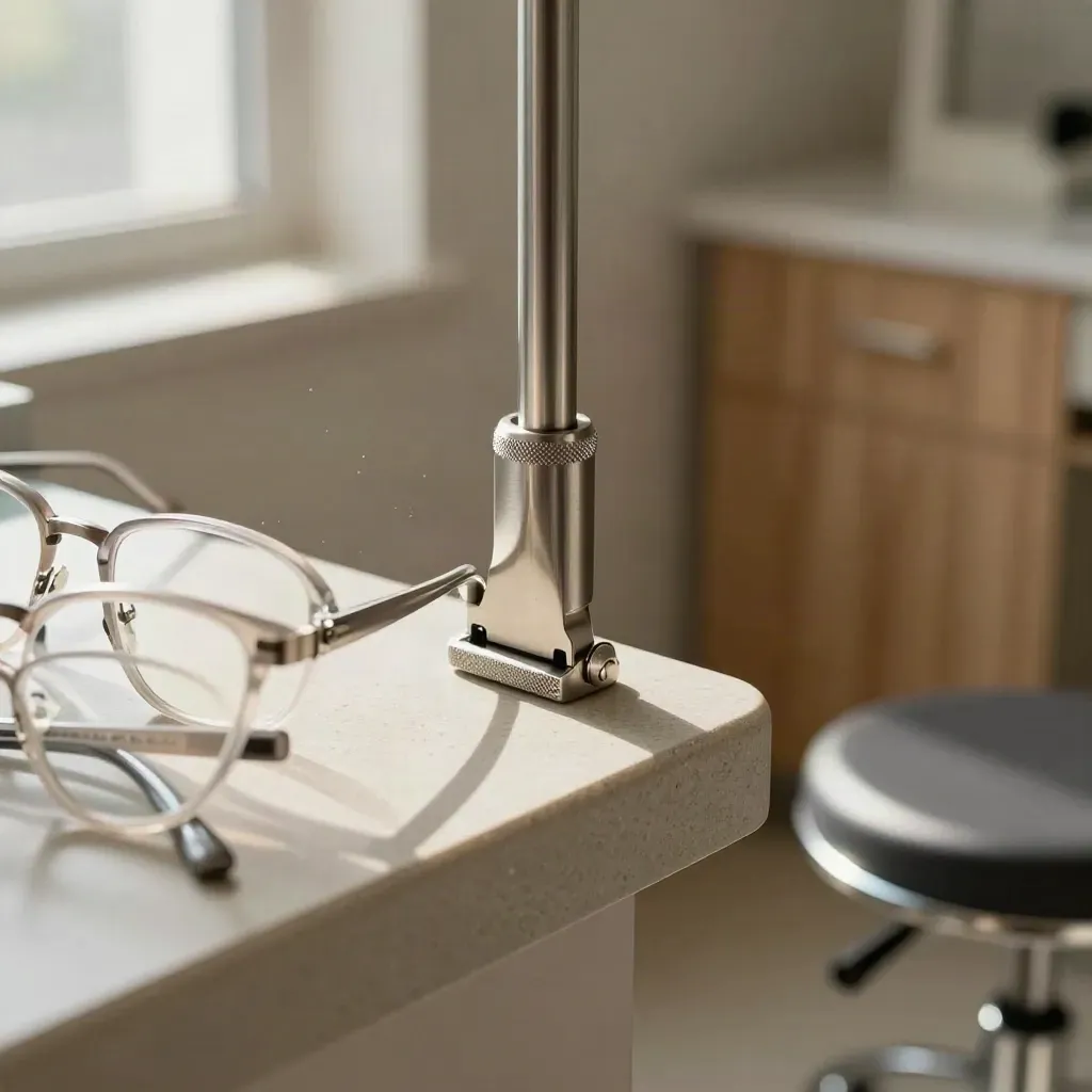 Macro of folded eyeglass frames and exam-room instruments on a stone counter in soft morning light.
