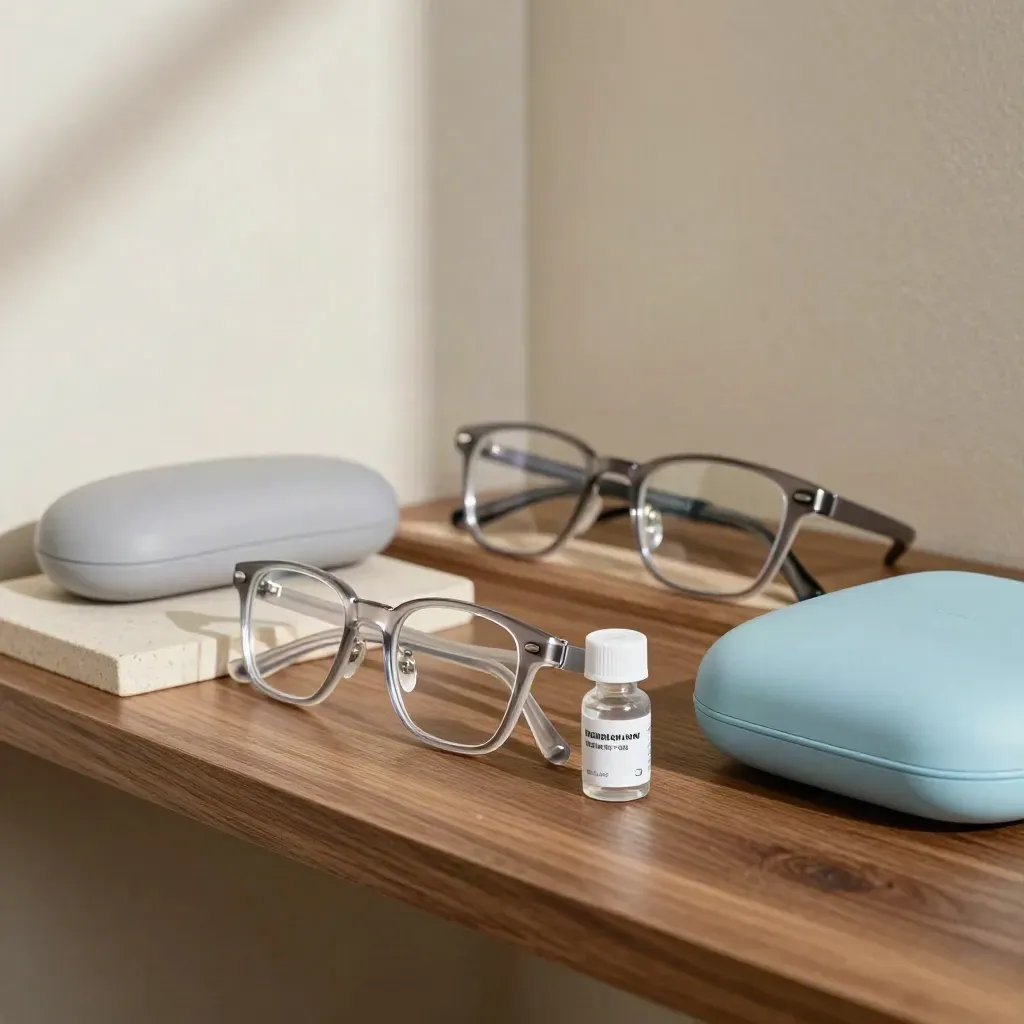 Child-size vision frames and sealed control vials on a walnut shelf in soft daylight.