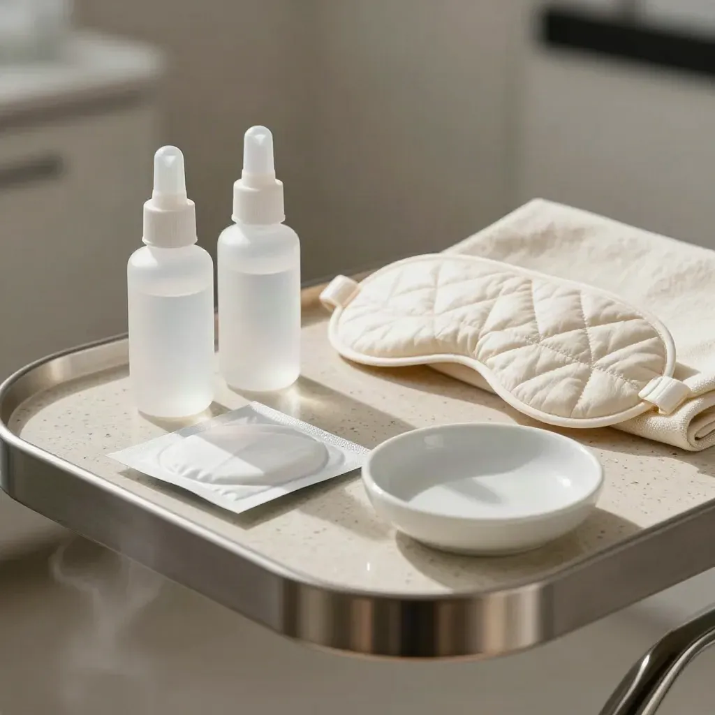 Dry-eye treatment tray with eye drops, heated mask, lid pads, and ceramic dish on travertine.