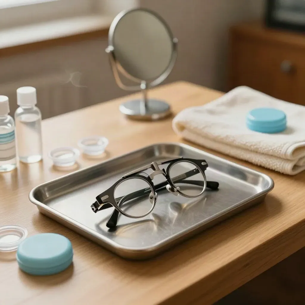 Contact lens fitting kit on pale wood with mirror, saline vials, cases, and towel