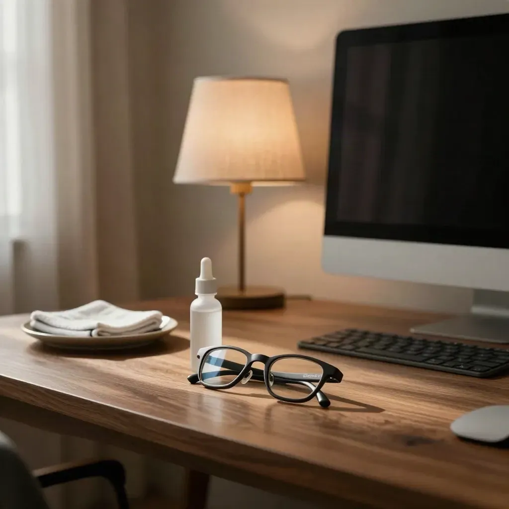 Warm home office desk with anti-fatigue glasses, eye drops, lamp, and a dark screen in window light.