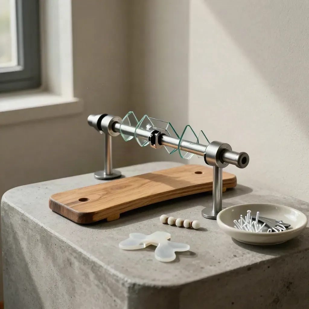 Prism bar, balance board, beads, and therapy tools in a moody vision therapy corner.
