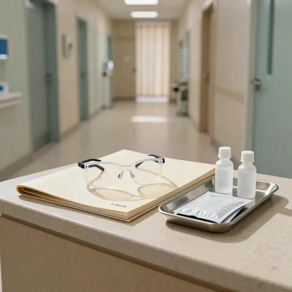 LASIK referral kit with glasses, folder, drop bottles in a bright clinic hallway