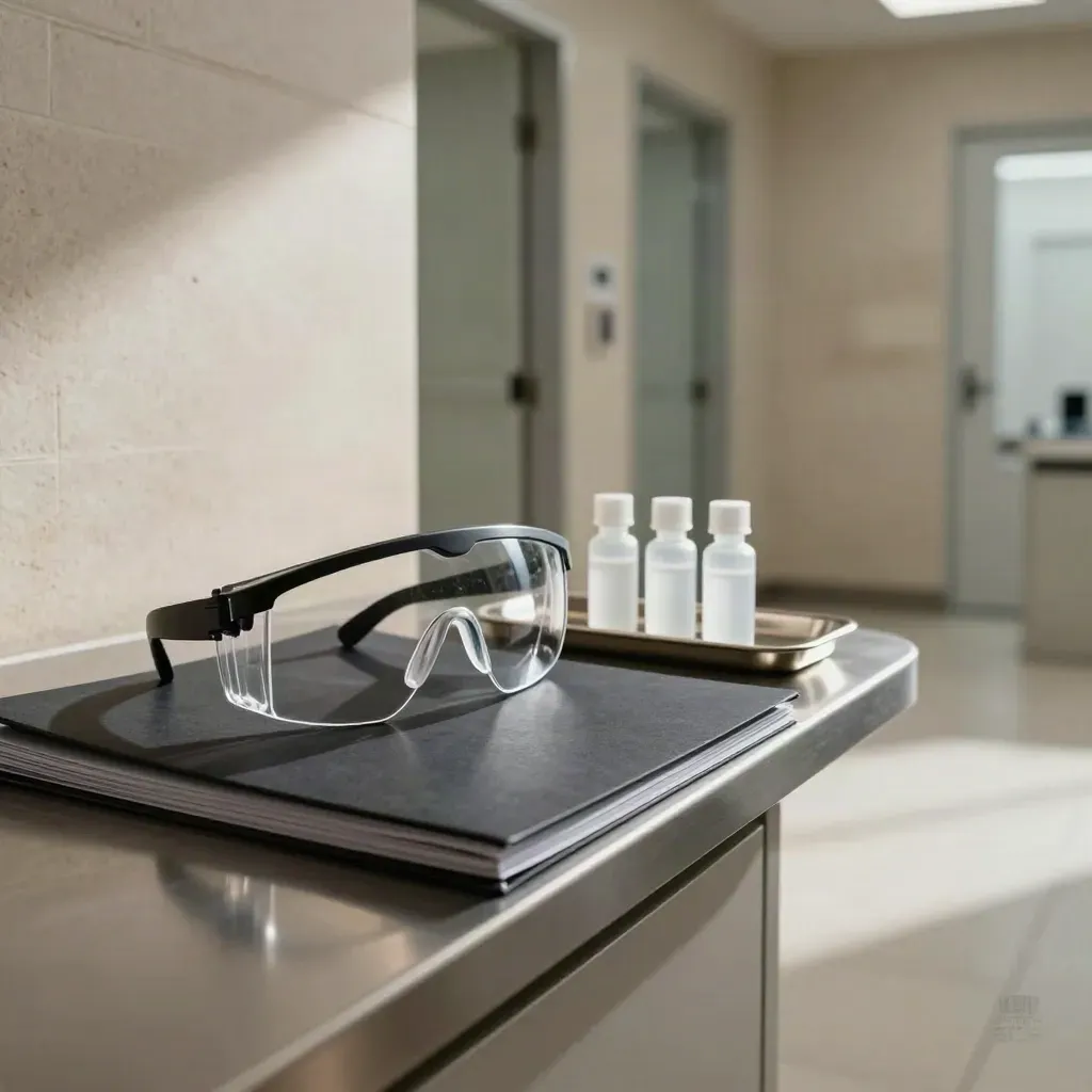 Moody clinic corridor with readiness station, protective glasses, closed folder and drop bottles.