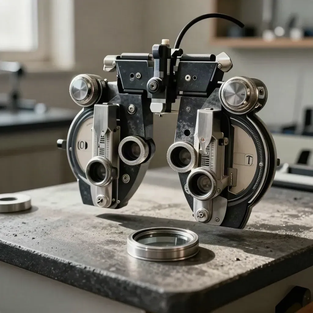 Optometry tools on dark concrete under hard light: phoropter arm, round frames, calibration weight.