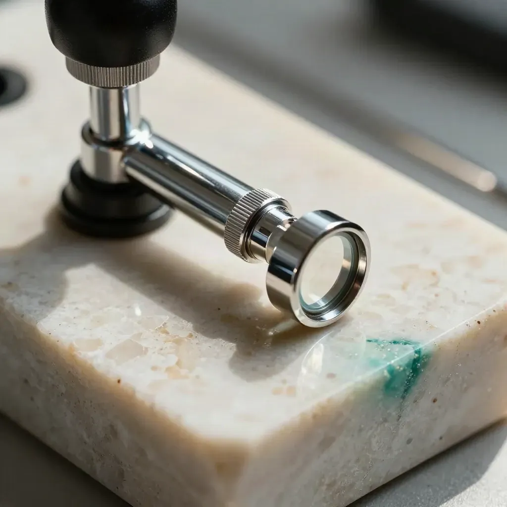 Macro still life of optometry tools on pale stone with cool metal and teal accent.