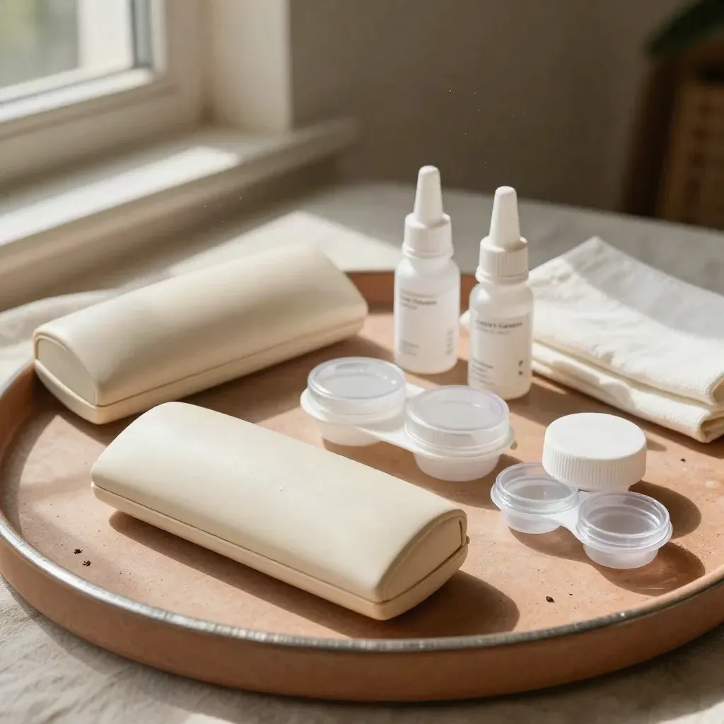 Eyecare tray with cases, drop bottles and cloth on linen in soft window light