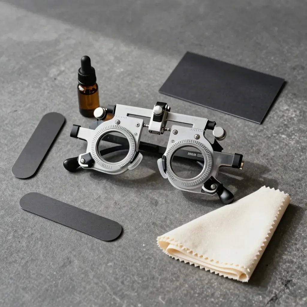 Overhead flatlay of eye test tools on stone with a trial frame, paddle, drop bottle and cloth