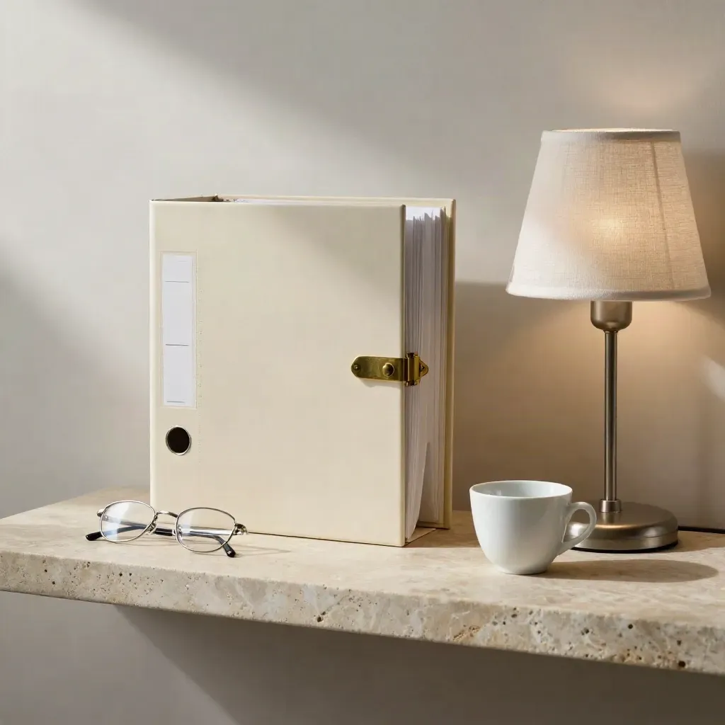 Closed patient file, glasses, cup and lamp on a limestone shelf in soft daylight.