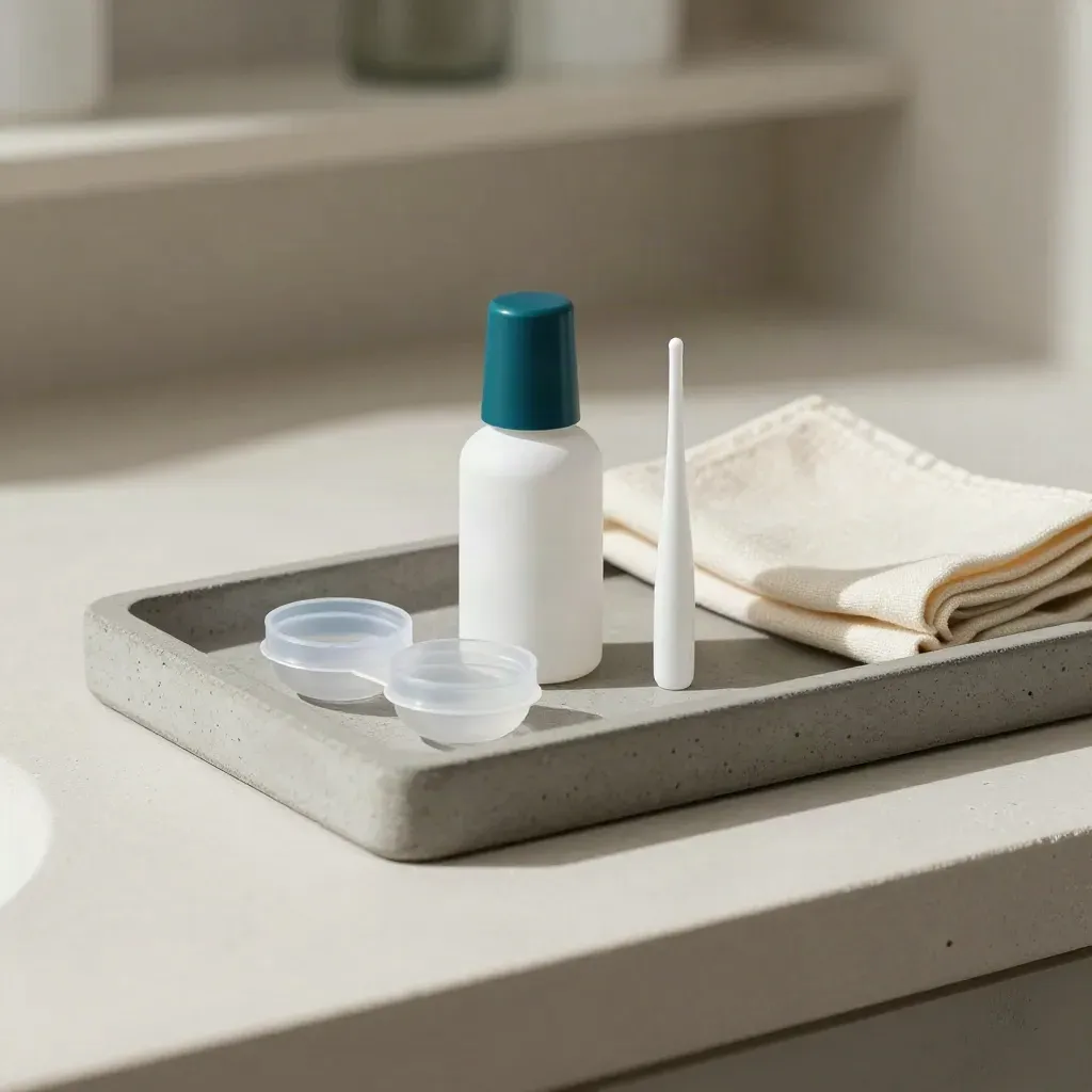 Care tray with eye drops, contact case, lens cleaner and folded cloth on stone
