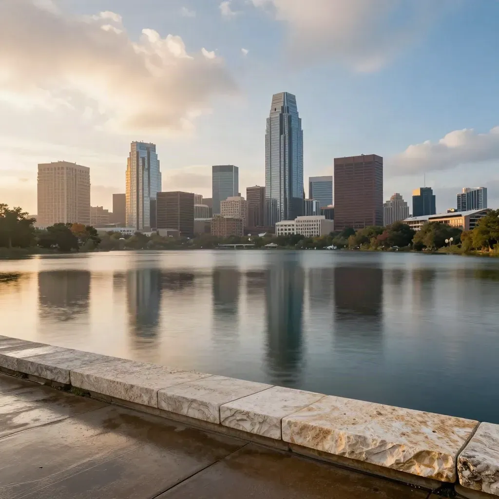 Austin skyline glowing above Lady Bird Lake after rain, with calm water and sunset haze