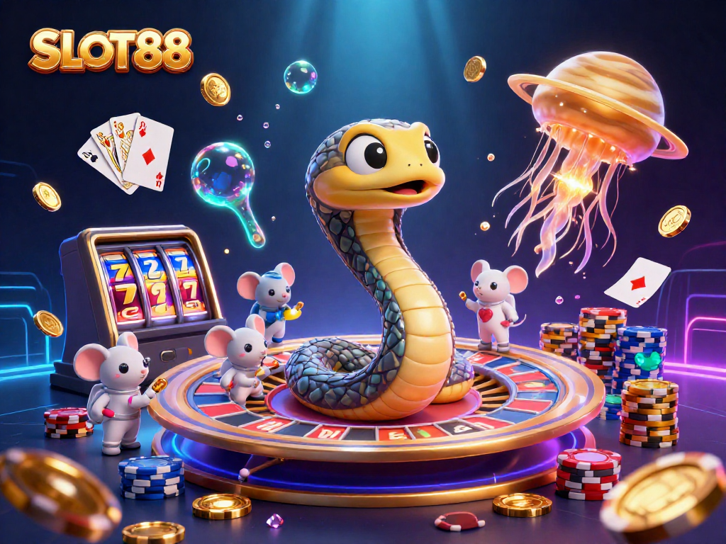 Bermain SLOT88 dengan suasana kasino memukau, dikelilingi koin emas dan simbol keberuntungan.