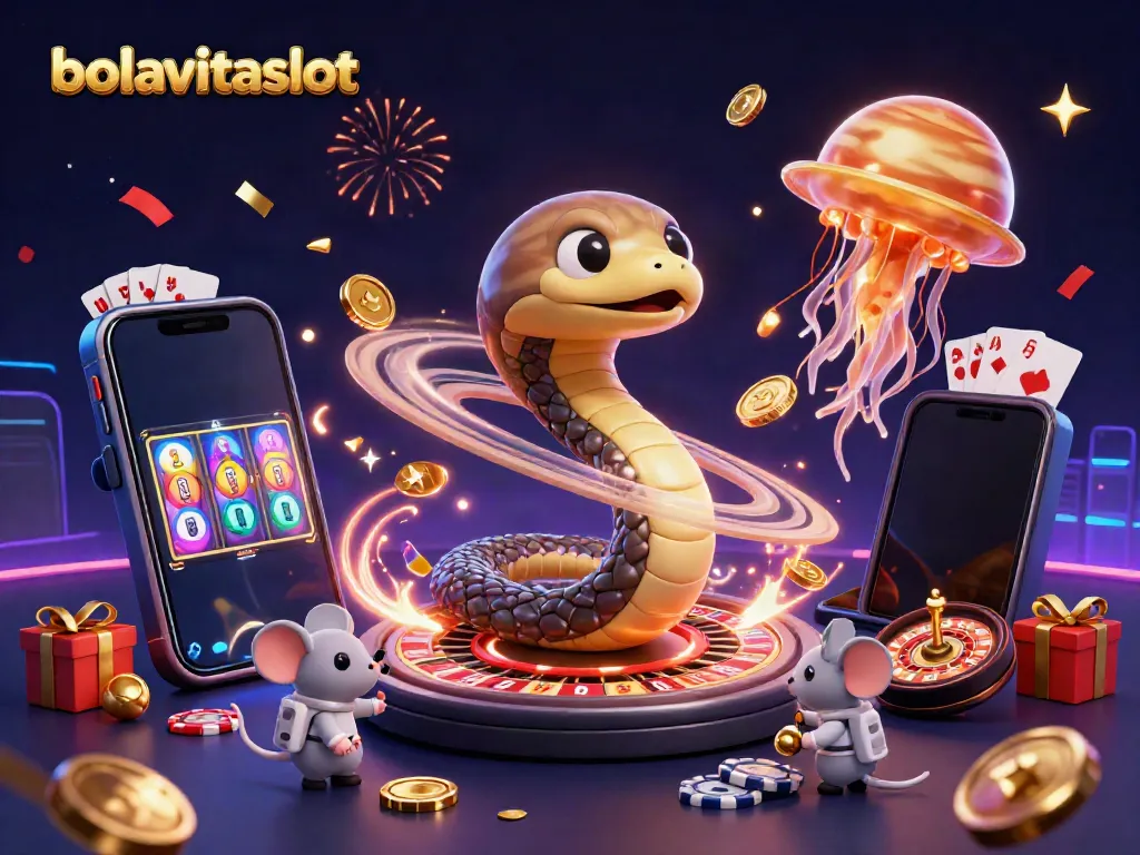 Engage with bolavitaslot's thrilling slots and gaming atmosphere illustrated in a vivid 3D scene.