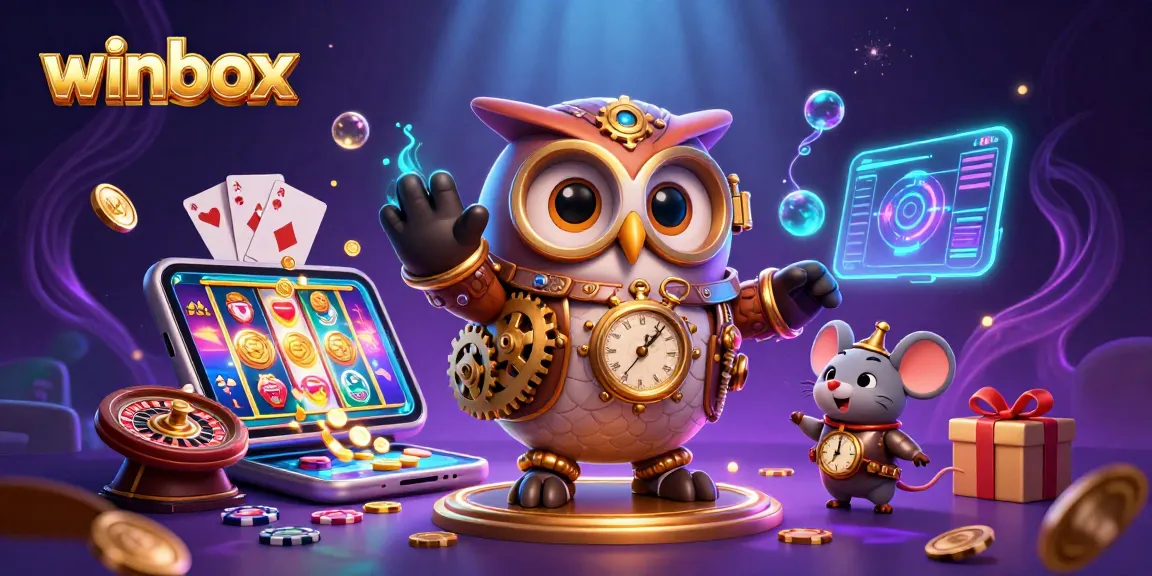 Winbox players engage with slot games and casino elements in a vibrant steampunk setting.