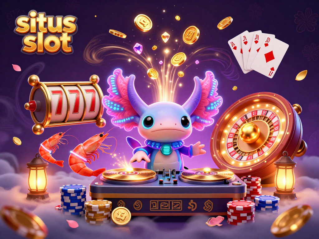 Engage with situs slot as vibrant axolotl DJ spins lucky reels and colorful poker chips in a lively casino scene.