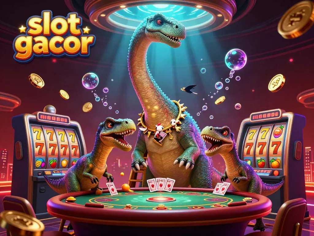 Engage with slot gacor in a vibrant casino scene filled with colorful characters and slot elements.