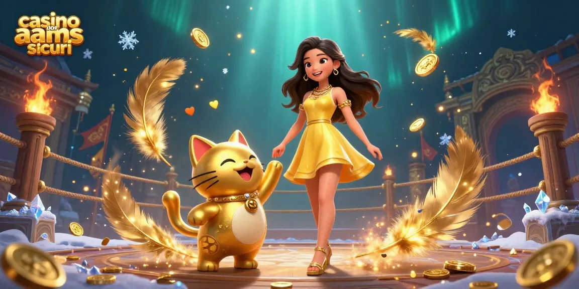 Goditi l'emozione dei casino non aams sicuri con vivaci monete d'oro e momenti fortunati rappresentati in un'illustrazione giocosa.