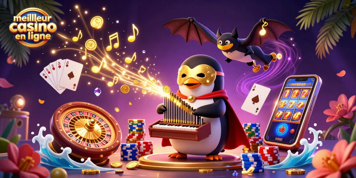 Jouez au meilleur casino en ligne avec un pingouin fantôme qui joue de l'orgue, des pièces d'or et des cartes.