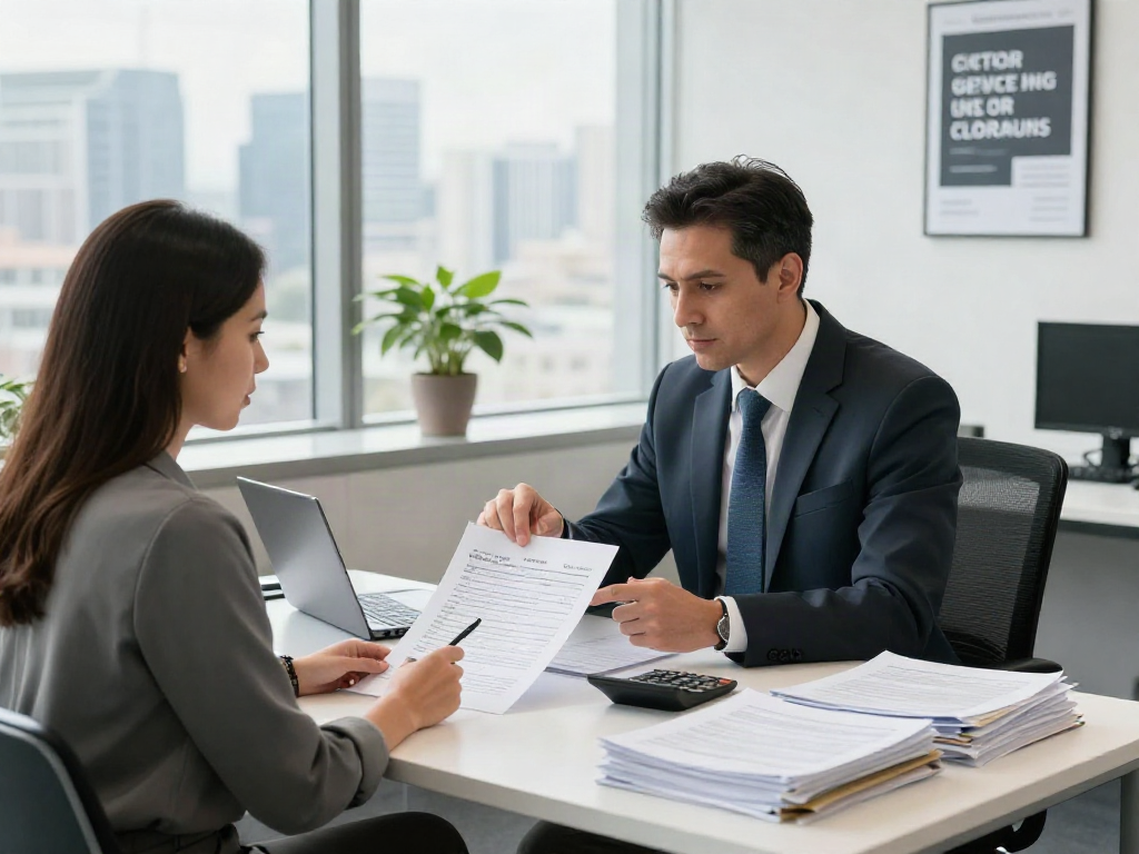 SMSF audit in progress with an auditor and client discussing financial records in a professional office.