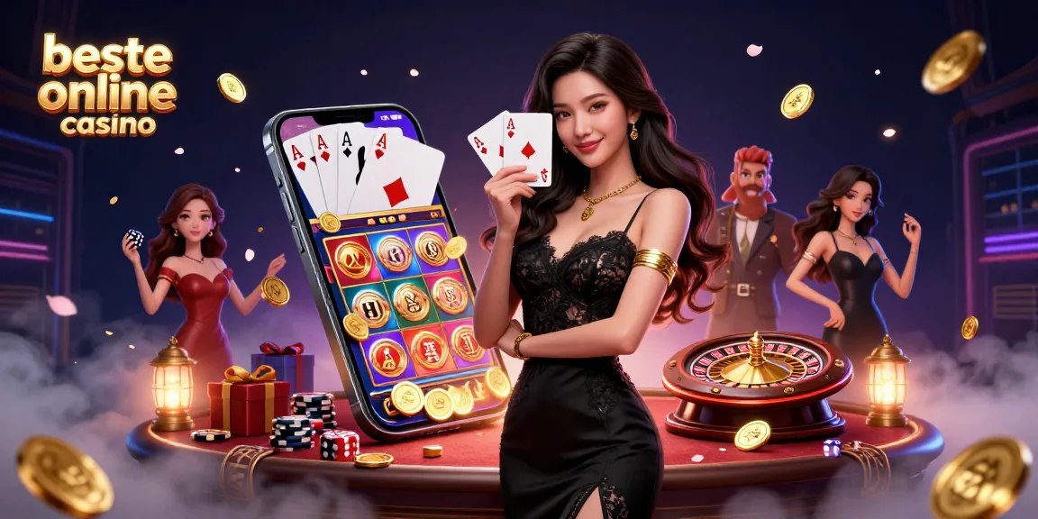 Win big at the beste online casino with joyful Asian woman holding playing cards, vibrant casino elements.