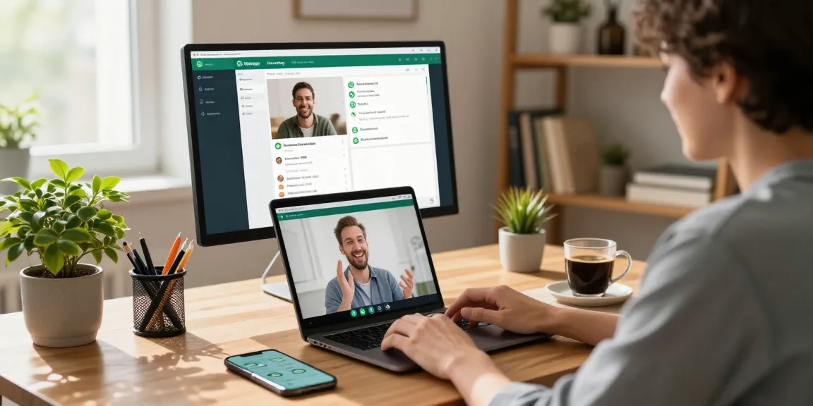 Person using WhatsApp網頁版 on laptop in a modern home office, connecting with friends.