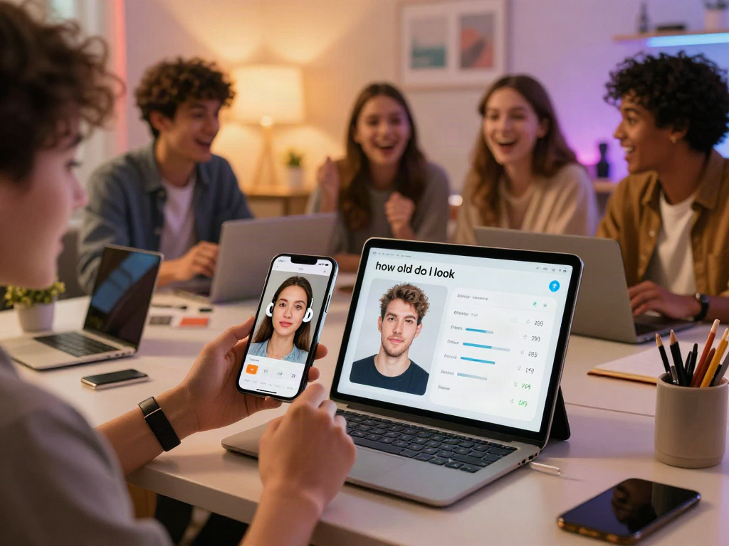 Engaging scene of users discovering how old do I look through AI face analysis in a vibrant digital space