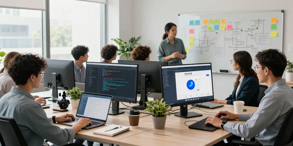 Developers collaborating in modern office on the 纸飞机中文版 app, showcasing creative teamwork.