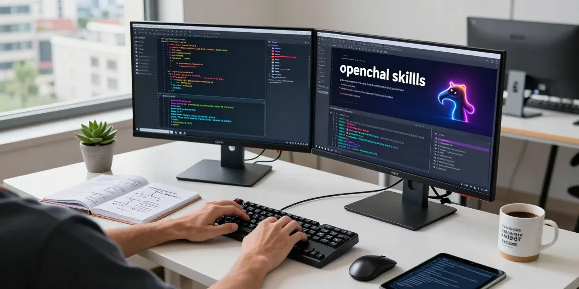 Dynamic workspace showcasing the development of openclaw skills with coding visuals and tech elements.
