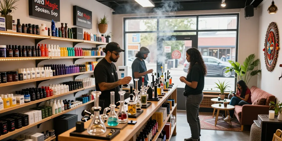 Explore Red Magic Smoke Shop in Irvington, NJ, where customers discover various bongs and vaporizers in a vibrant shopping atmosphere.